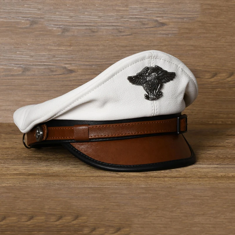 New Retro German Military Caps For Men Male Genuine Leather Flat Top Hats European American Captain Locomotive Chapeau
