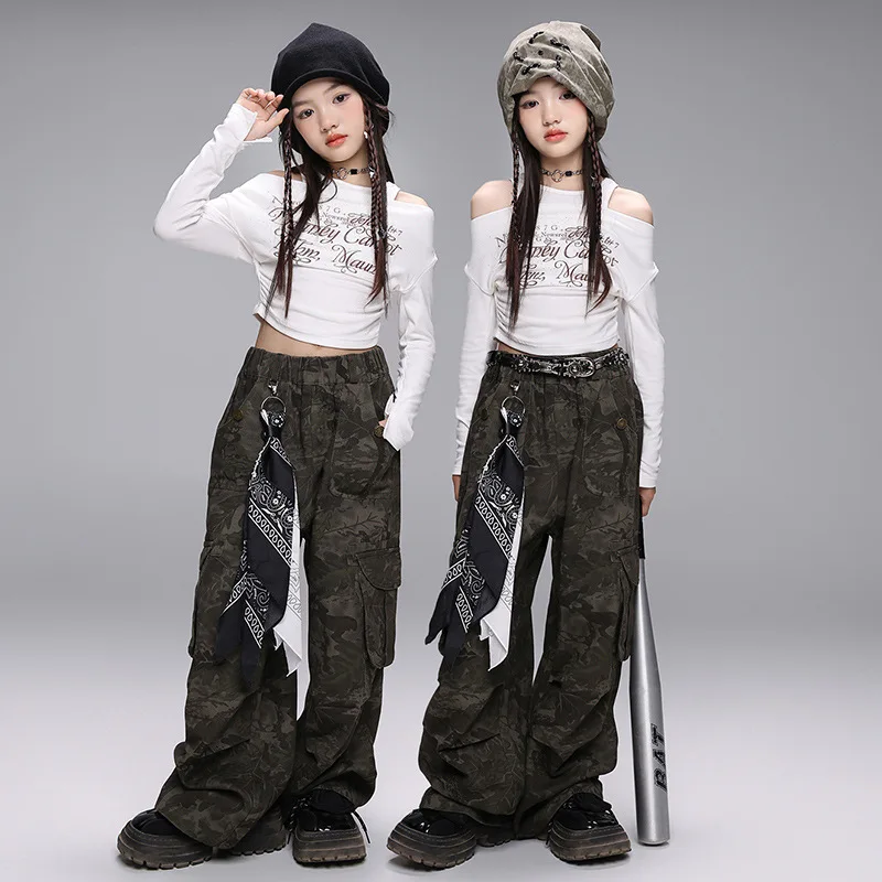 

Kids Hip Hop Clothes White Cold Shoulder T Shirt Crop Top Camouflage Wide Cargo Pants for Girls Jazz Dance Costume