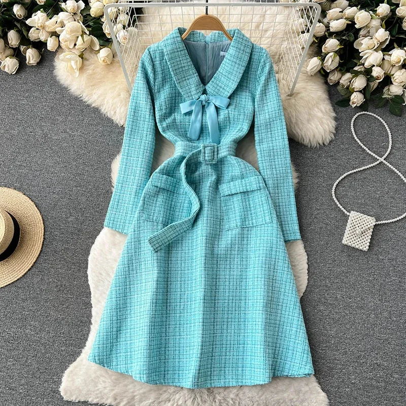 

Korean Fashion Winter Gorgeous Sky Blue Tweed Dress Women Ribbon Bowknot Pocket V Neck Long Sleeve Belt Plaid Wool Midi Vestidos