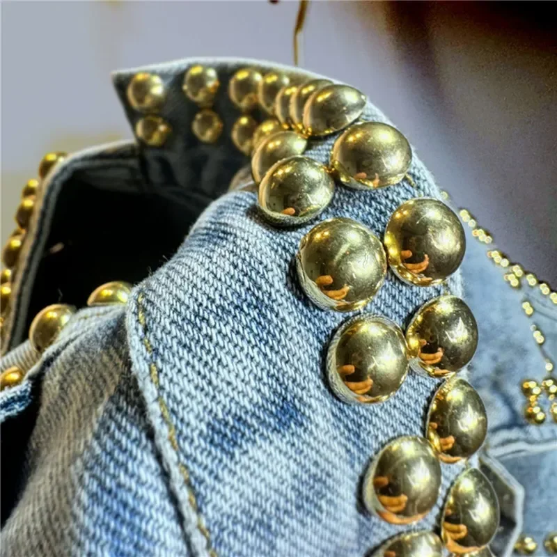 Autumn Women New Heavy Work Rivet Blue Short Denim Cardigan Jacket Loose Big Pocket Lapel Long Sleeve Female Jeans Jacket Coat - Image 5