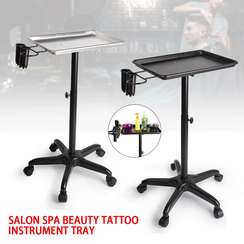 Hairdressing Salon Tool Cart Black/Silver Movable Adjustable Rolling Service Instrument Tray Height Aluminum Alloy Tray