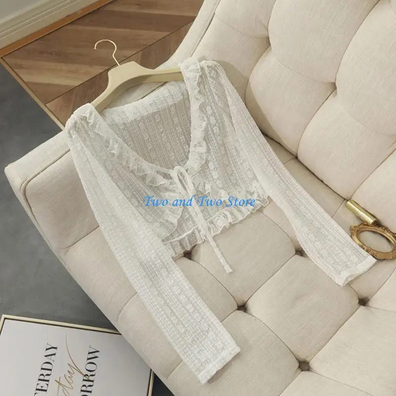 

HX6F Women Summer Long Sleeve Floral Lace Cropped Cardigan V-Neck Tie Front Thin Sunscreen Shrug for Jacket Blouse Sh