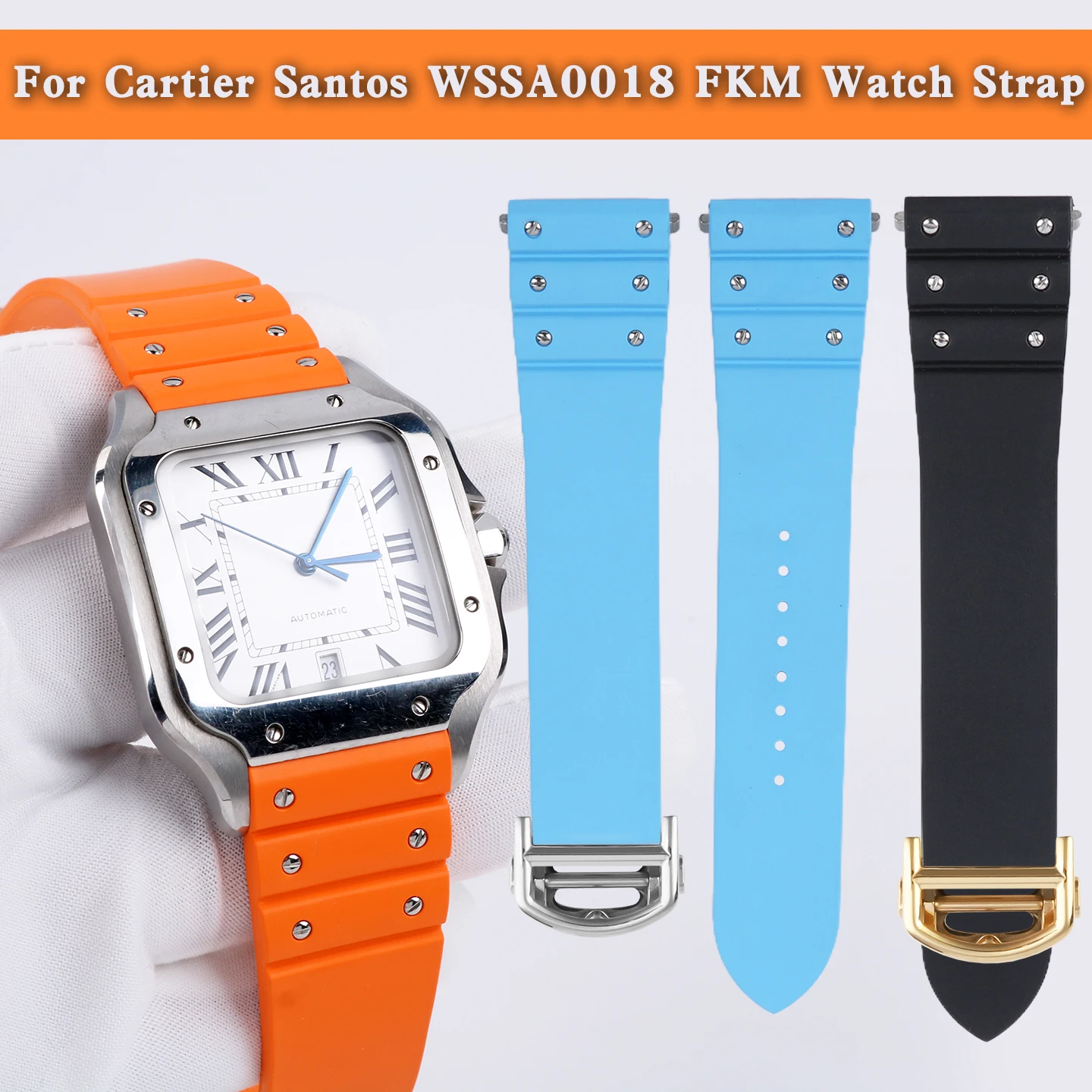 산토스 드 까르띠에 WSSA0009 WSSA0018/13/37 퀵 릴리즈 FKM 시계줄 남성 스포츠 플루오로러버 시계밴드 21mm 폴드 버클
