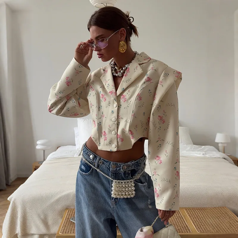 

French Style Floral Print Cropped Blazer Tops Women Fashion Notch Collar Long Sleeve Single Breasted Slim Short Coat Jackets