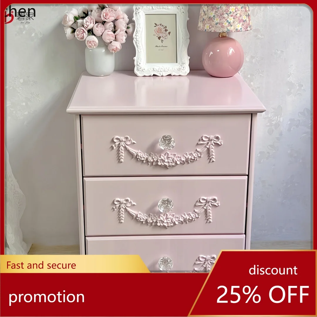 HT Carved Princess Style Solid Wood Bedside Cabinet Dopamine Girl Heart Bedroom Storage Cabinet Bedside Cabinet