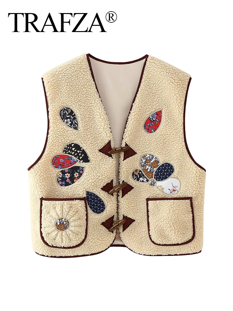 Trafza 2024 Vrouwen Mode Print Vest V-Hals Bull Hoorn Gesp Mouwloze Vrouwelijke Tank Top Zakken Casual Straat Vrouw Gilet