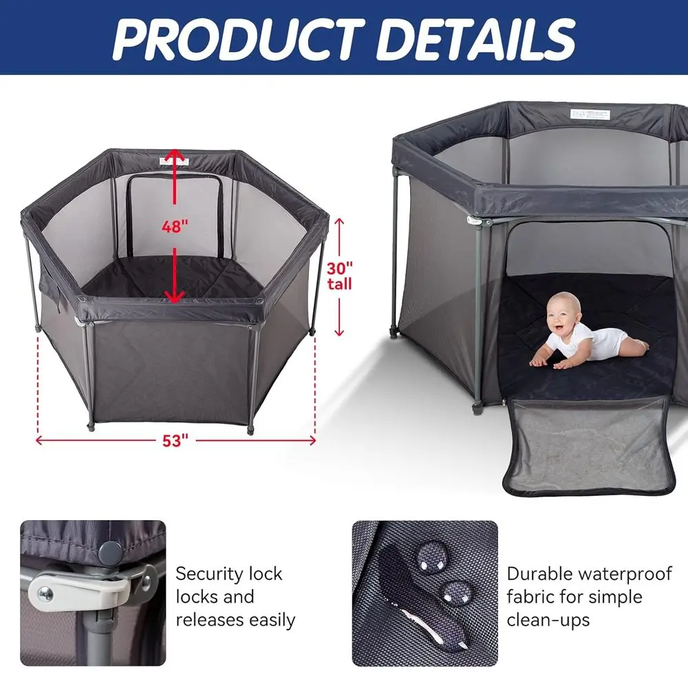 ساحة لعب محمولة مقاس 53 × 53 - روضة أطفال داخلية/خارجية مع جدران شبكية، مساحة آمنة قابلة للطي للسفر والاستخدام المنزلي (رمادي)