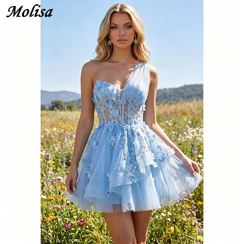 

Classic Formal Evening Light Blue One Off Shoulder Mini Skirt Prom Dresses 3D Flower Applique Tulle Party Dresssed Customized