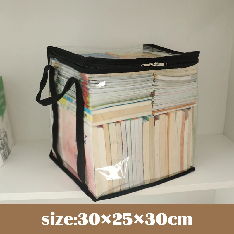 Foldable Book Storage Bag Big Clear Collection Container Student Dormitory Classroom Stackable Zipper Dustproof Handle Organizer