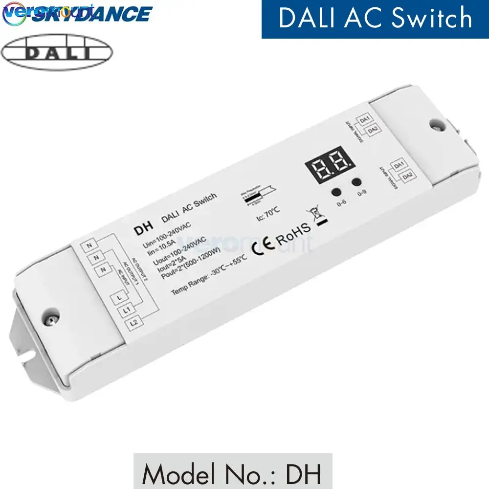 

Skydance DH 110V 220V AC 500-1200W Output Power DT7 2 Channel DALI Dimmer Switch Numeric Display with 2 DALI Address LED Switch