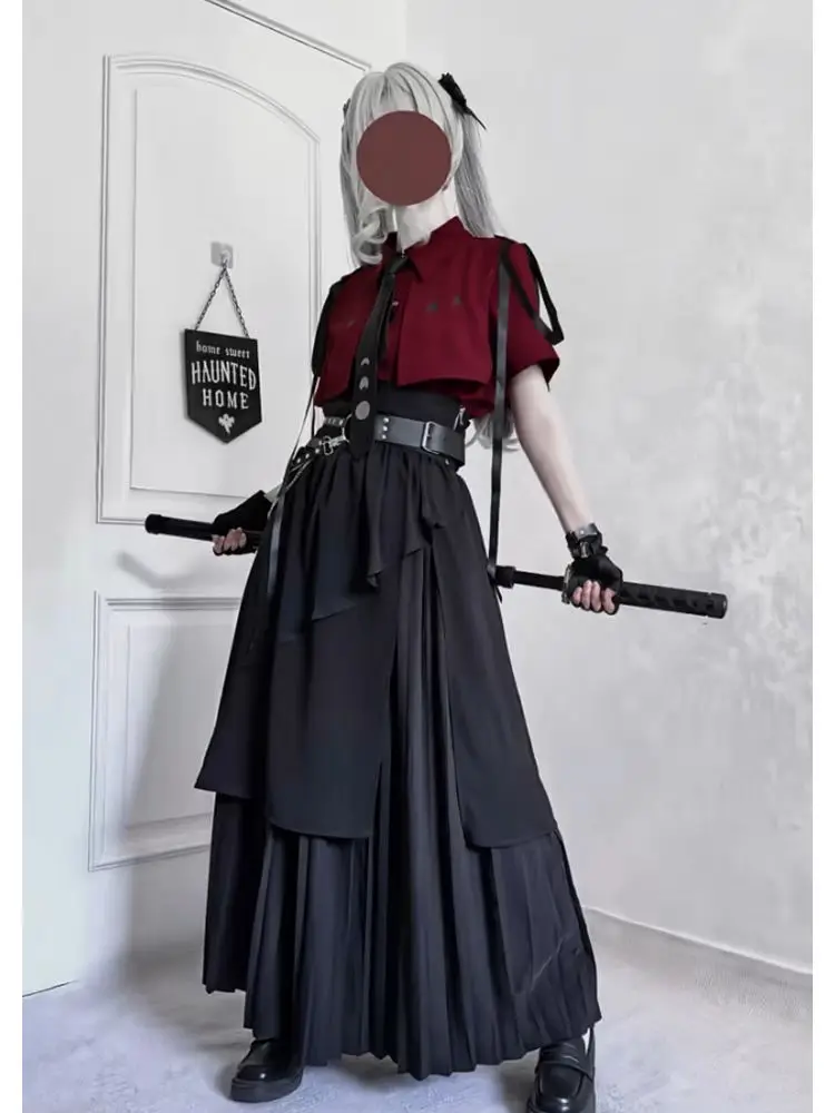 2025 جديد القوطية خمر أنيقة 3 قطعة مجموعات النساء Y2k زر تصميم القمم + أسود عالية الخصر الرجعية تنورة الإناث حزام مجموعات الحفلات