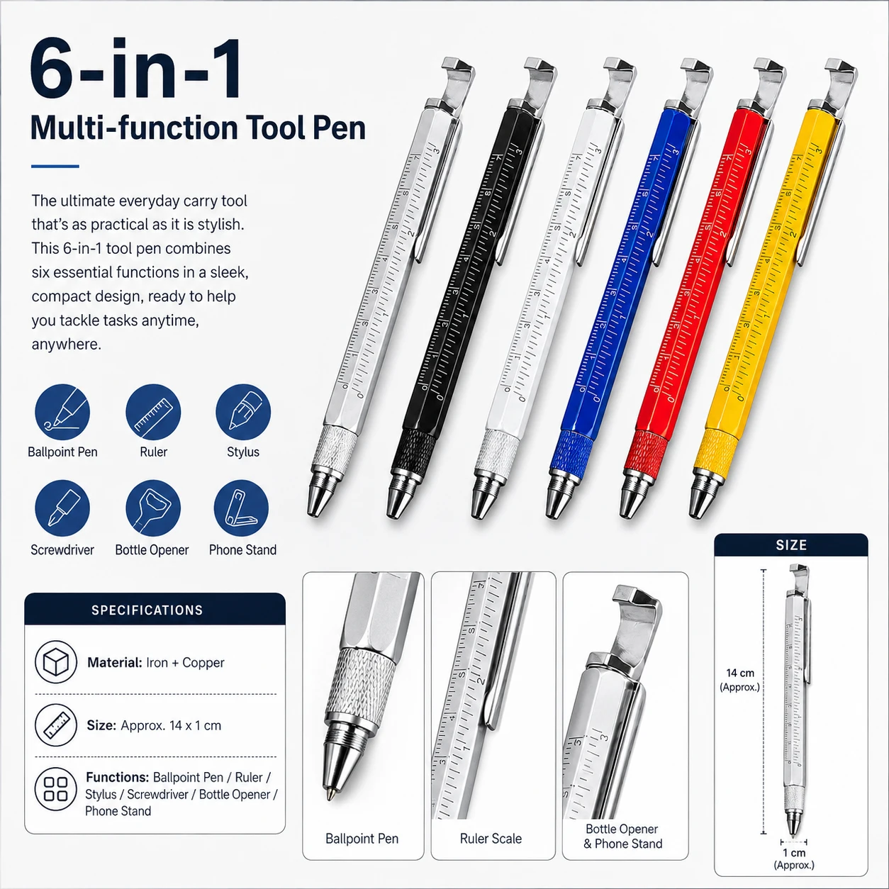 1Set 6-in-1 Multitool Ballpoint Pen, with Phone Holder Stand, Bottle Opener, Touch Stylus, Scale Ruler, Double-Ended Screwdriver