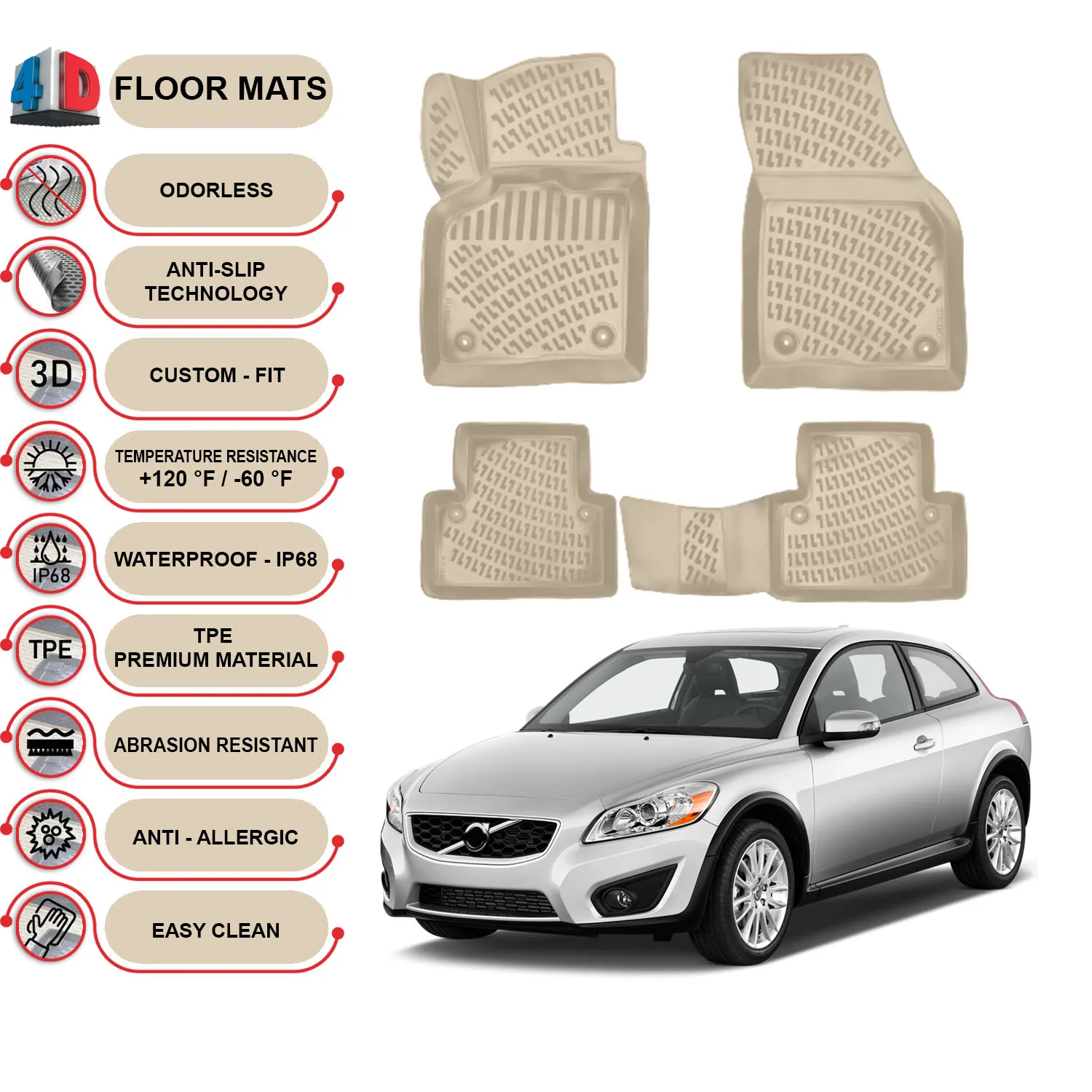 

Volvo C30 - (2006-2013) Floor Mats Liner Waterproof 3D - (Beige)