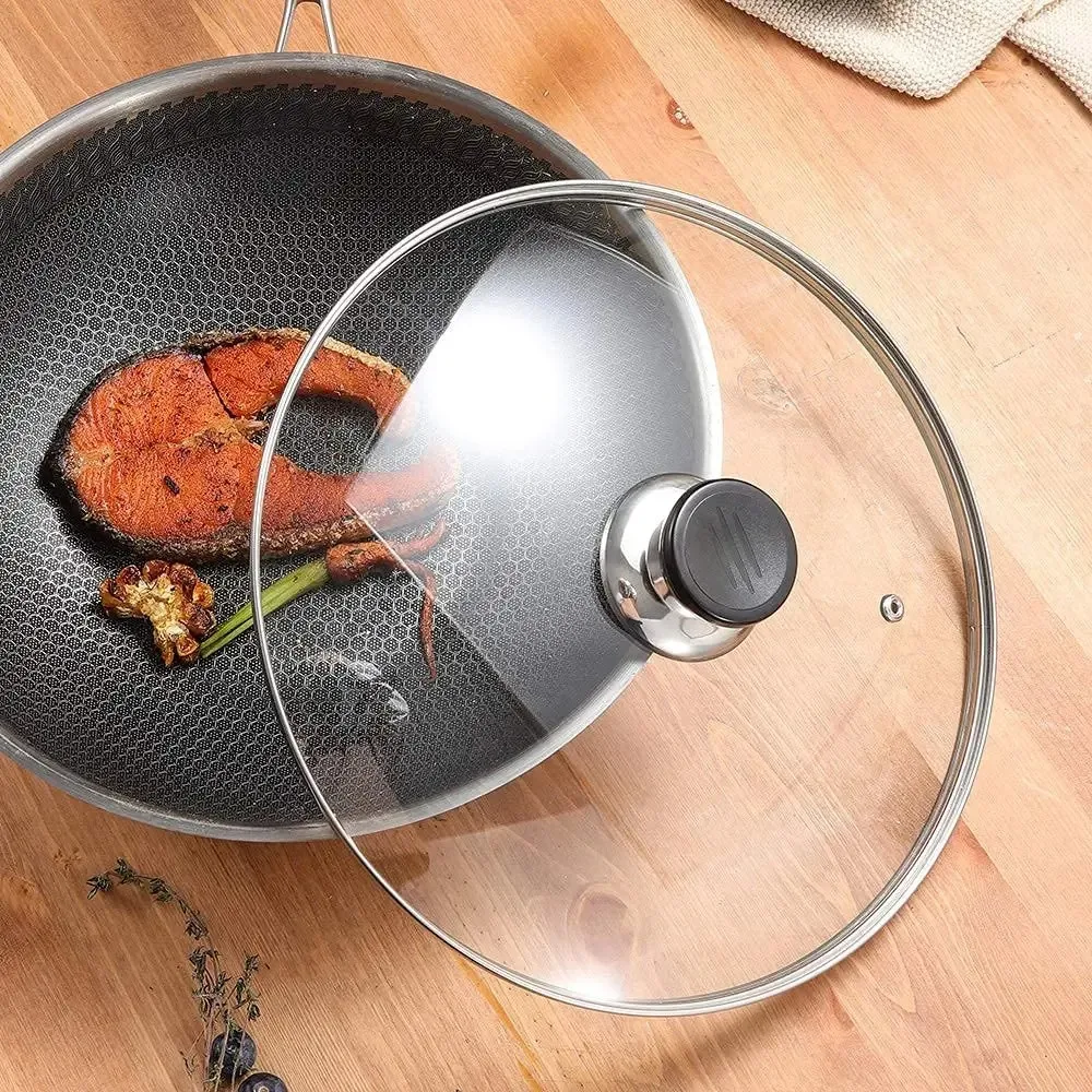 Durable Tempered Glass Pot Cover Round Anti-scalding Frying Pan Cover Universal Stainless Steel Wok Pan Lid Cookware Parts