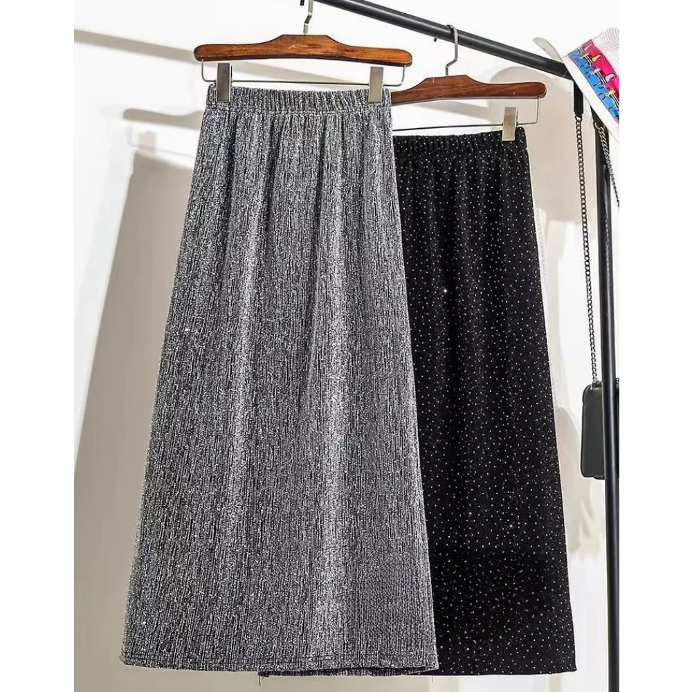 Autumn Women\'s Casual A-Line Skirt Bright Silk Party Club Straight Skirt Y2K Youth Elastic Waist Slit Slim Sexy Skirt Chic Trend