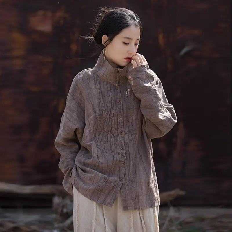 

Women's Cotton Thin irt f High Collar Outerwear Loose Fit Long Sve Pure Color Dyeing Proc Spring Season Faion