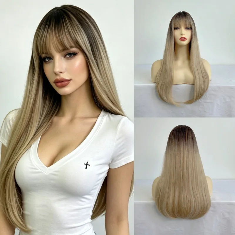 Fashion Air Bangs Brown Long Straight Hair Women'S Wig Outdoor Travel Daily Wear Matte Silk Simulation Synthetic Wig