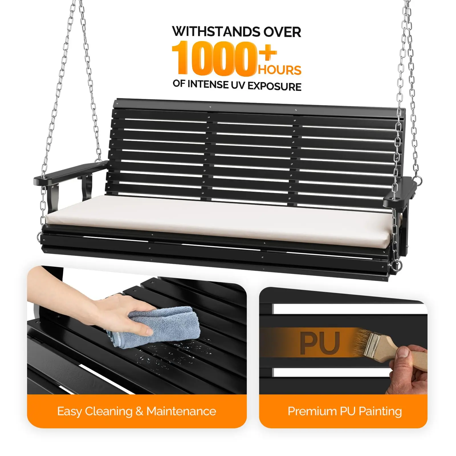 5 FT Outdoor Porch Swing with Frame, Patio Hanging Swing & Stand with Extra Cushions Heavy Duty 880 LBS for Yard