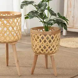 Hand Woven Flower Pot Wood Tripod Stand for Balcony Planters Backyard Garden