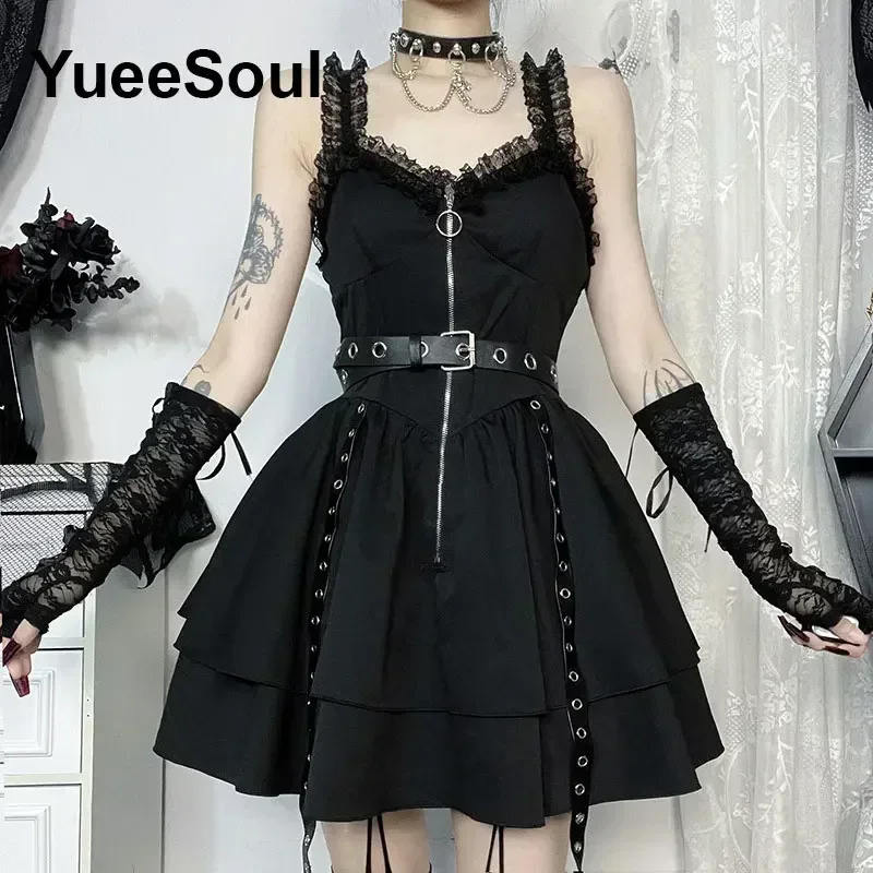 Robe Gothique Grunge en Dentelle pour Femme, Taille Haute, Batterie, Mini, Vintage, Punk, Harajuku, Lolita, Nouvelle Collection Été 2024