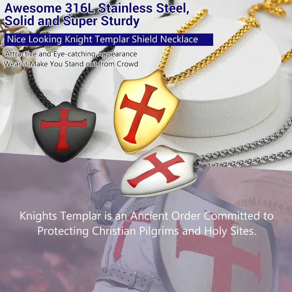 Stainless Steel Cross Paladin Shield Pendant Necklaces for Men Custom Engrave Templar Amulet Christian Jewelry Gifts