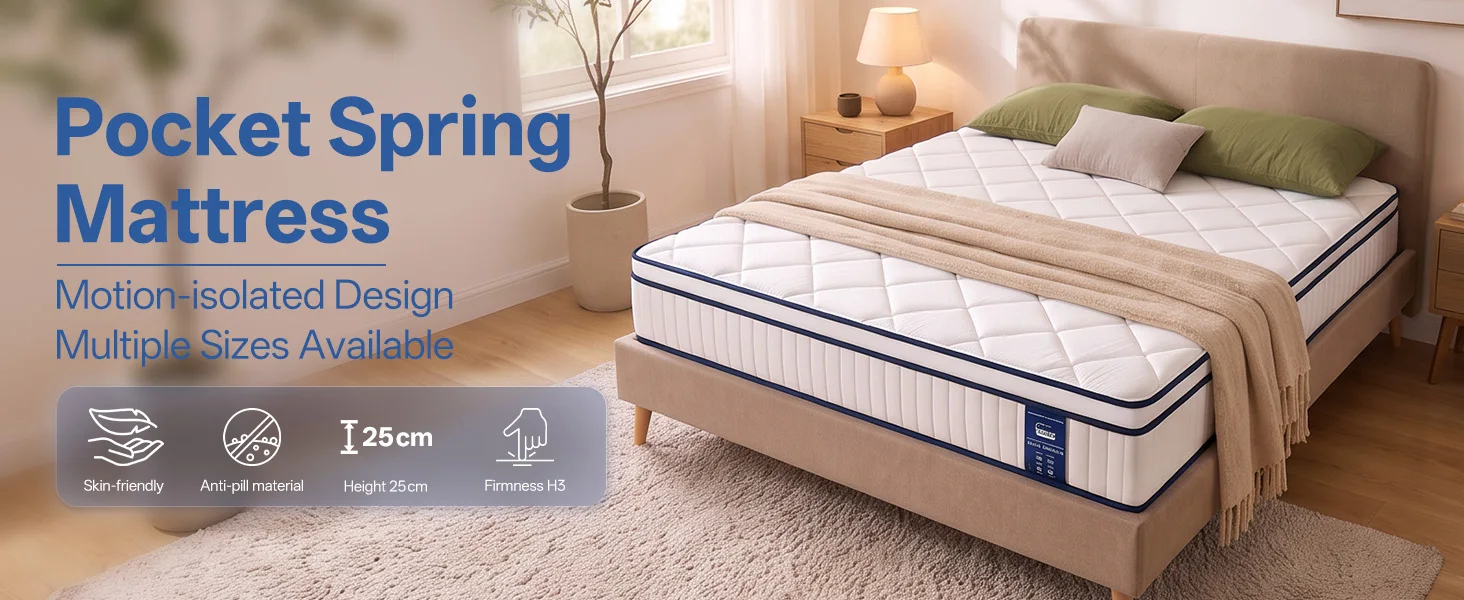 7-Zonen Taschenfederkernmatratze Neuheit 90/120/140x200cm 25cm Atmungsaktiv & Feste Unterstützung Bewegungsisolations-Design Perfekt für Schlafsaal, Gästezimmer & Schlafzimmer – Detail 1