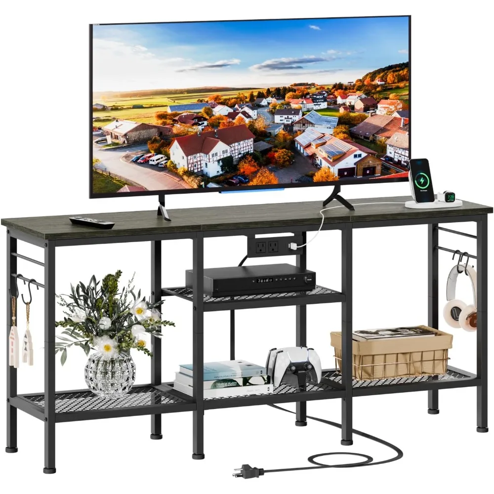

TV Stand with Power Outlets, Entertainment Center with Open Storage Shelves for TVs up to 55 Inch, TV Media Console Table with