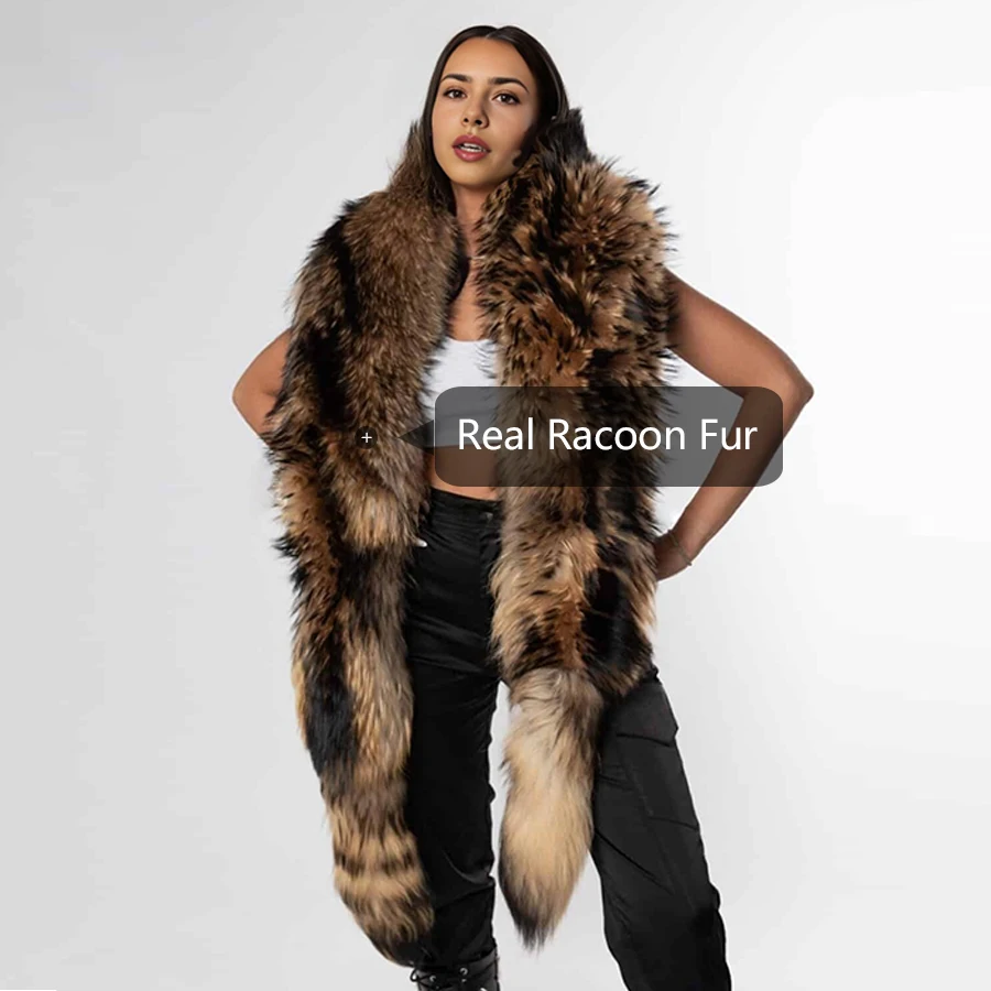 معاطف فرو الراكون الطبيعي شال فرو الراكون الأصلي للنساء كيب فرو حقيقي طويل مع ذيل إكسسوار فراء شتوي دافئ