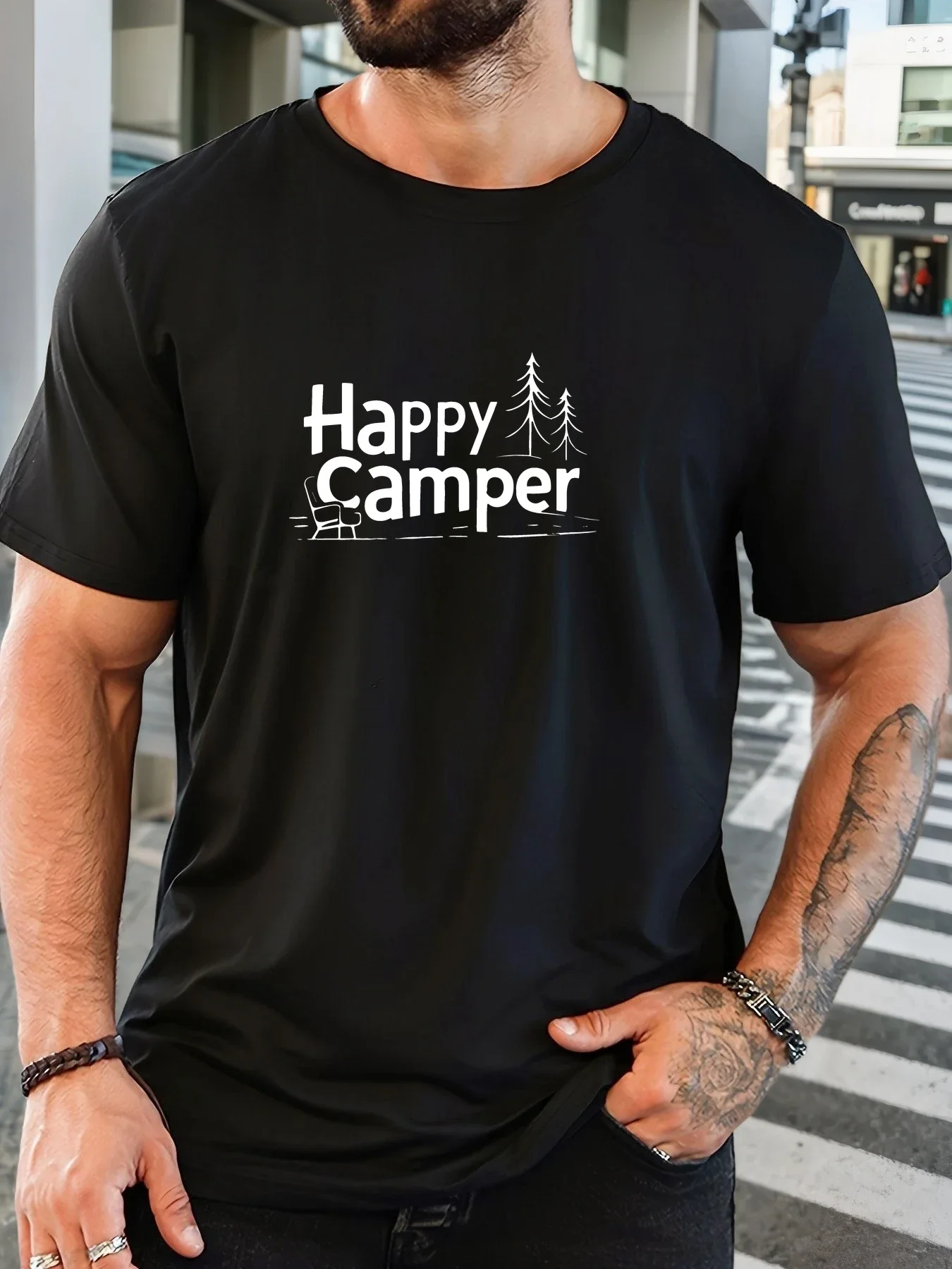 Men White Crew Neck Tee Happy Camper Text Pine Tree Camping Chair Minimal Outdoor Hiking Soft Cotton Male Casual Short Tops