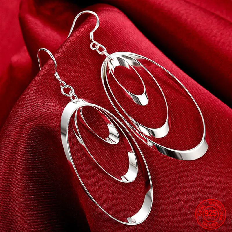 

925 Sterling Silver Three Circle Long Tassel Drop Earrings For Women Engagement Wedding Jewelry Gift