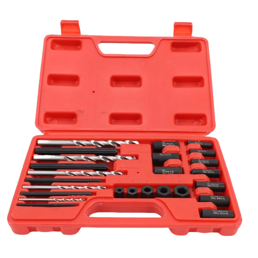 25PCS Red Plastic Storage Case Screw Extractor Set Heavy Duty Universal Bolt Extractor Fastener Remover Set