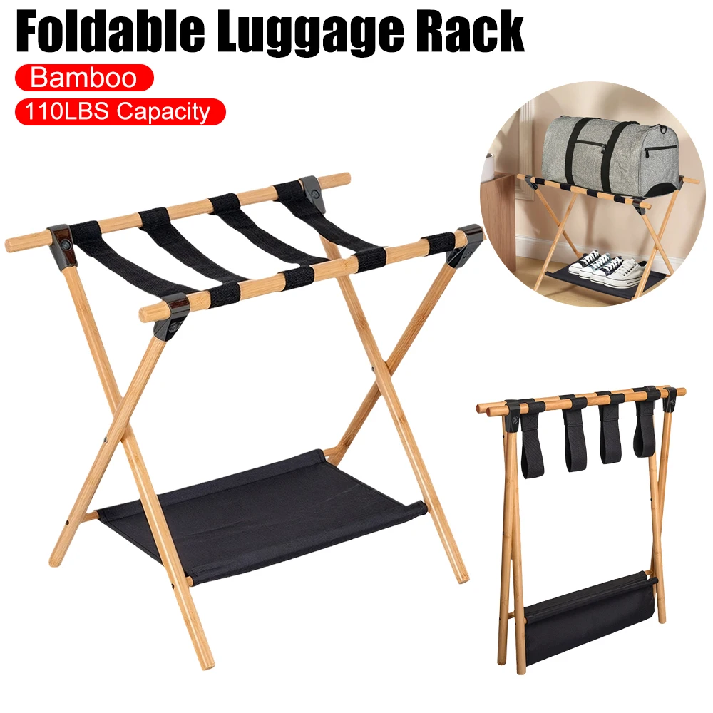 Portable Bamboo Suitcase Holder Stand Foldable Hotel Guest Room Luggage Rack Multi-Purpose Shoes Storage Shelf Organizer Bracket