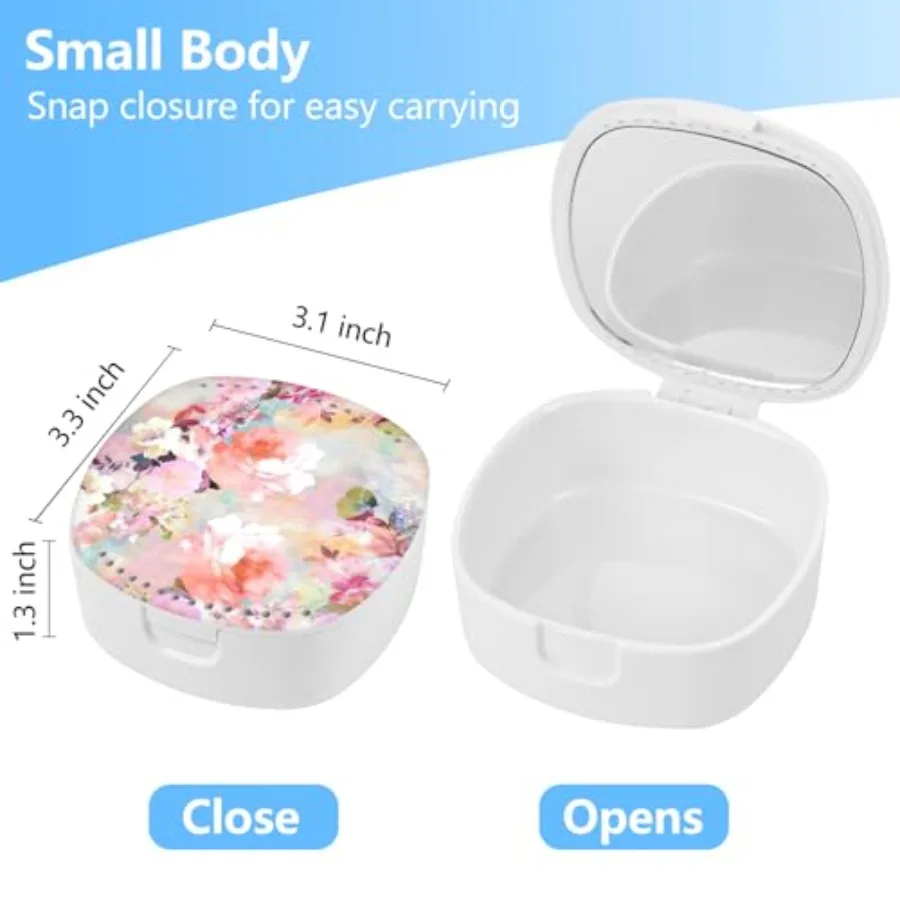 Retainer Case, Denture Case Night Guard Mouth Guard With Mirror and Ventilation Holes, Pink Flower