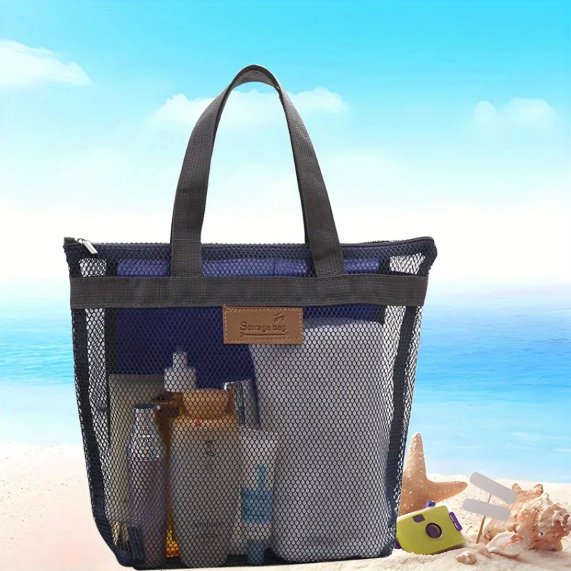 Foldable Mesh Beach Bag – Spacious Multi-Pocket Design with Breathable Mesh & Water-Resistant Lining, Reinforced Handles