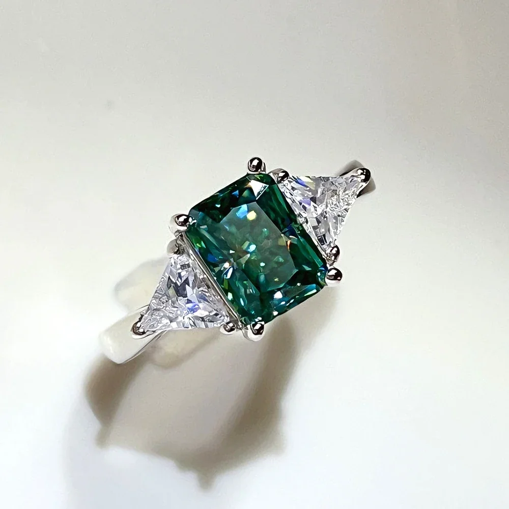 QIBAOKU 3-Stone 2CT Radiant Green Moissanite Rings S925 Silver For Women Triangle Diamond Wedding Band Jewelry GRA 2026