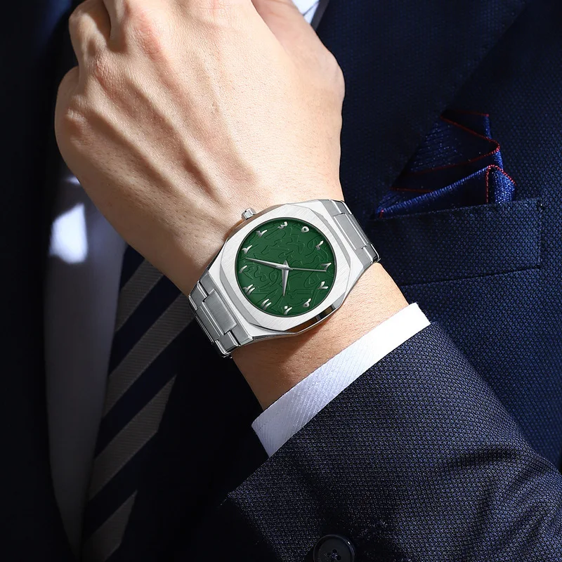 BestWin Top Brand Men Octagonal Quartz Watch Embossed Dial Full Steel  Fashion Business Casual Style Male Dress Watch Daily Wear