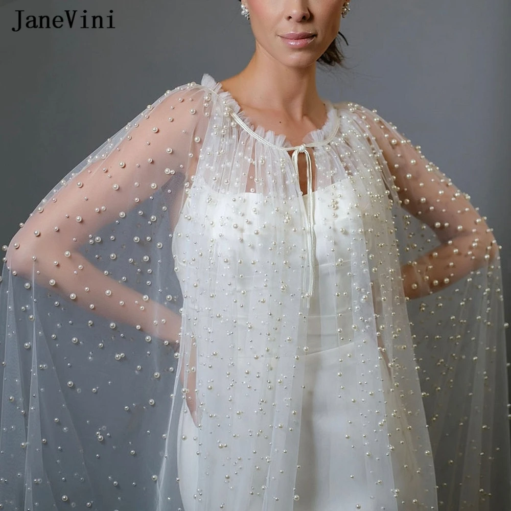 

JaneVini Luxury Pearls Long Wedding Shawls Wraps Tulle Evening Party Cloak Floor Length Bridal Cape Elegant Wedding Dress Jacket