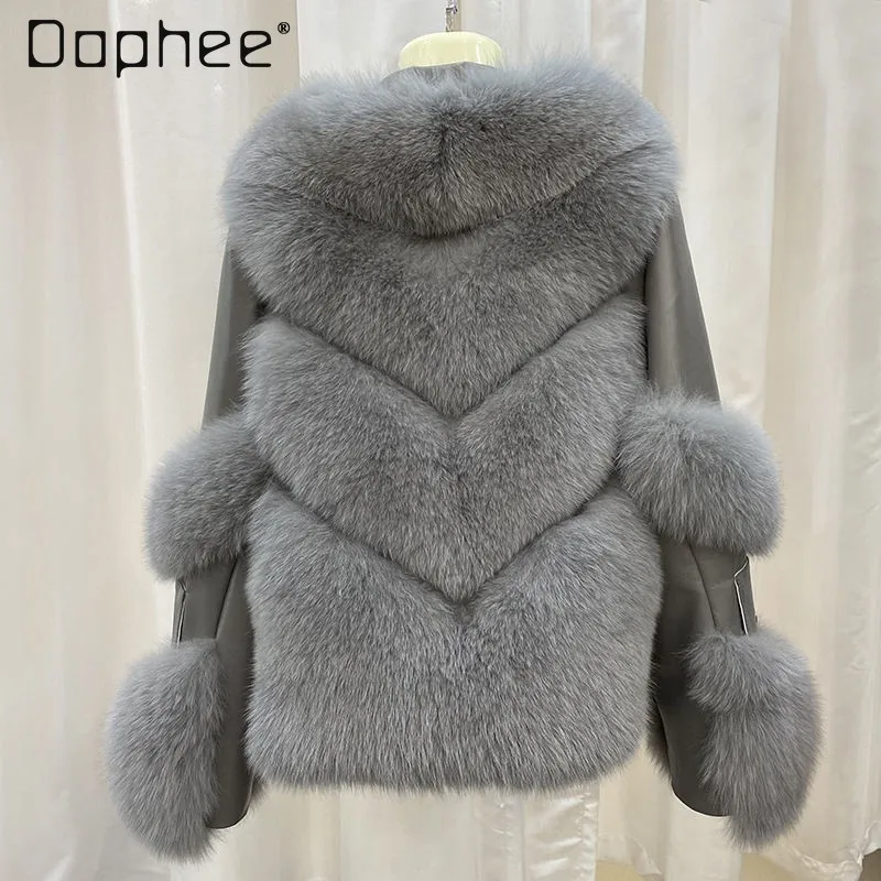 شتاء جديد إمرأة فو الثعلب الفراء بولي Pu مبطن معطف غير رسمي فضفاض عالي الجودة المرقعة فضفاض سليم رشاقته معطف أكثر دفئا صديقة للبيئة الفراء #5