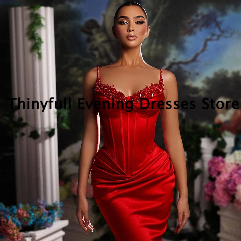 Thinyfull Sexy Red Mermaid Prom Dresses Spaghetti Straps Pearls Evening Dress Formal Floor Length Cocktail Party Gowns Plus Size