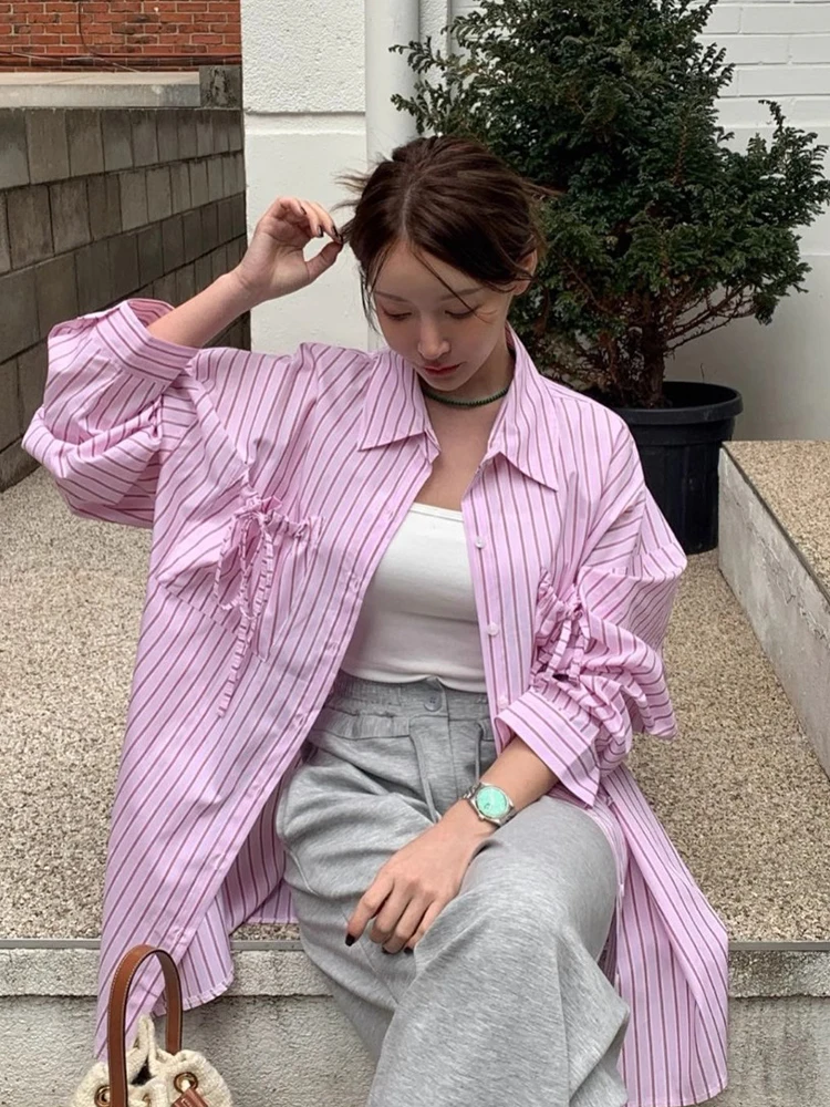 

SuperAen 2024 Korea Chic Spring Summer Sweet Style Lapel Pocket Loose Long Sleeve Striped Shirt