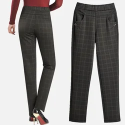 Spring/autumn Women's Clothing Solid Color Plaid Elastic High Waist Pockets Casual Fashion Trousers Straight Office Lady Pants