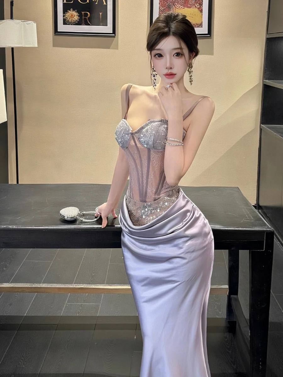 Elegant Lace Splice Fish Tail Dress Sexy French Style High Waist Bodycon Gown with Bone Structure Strapless Ball Gown for Women