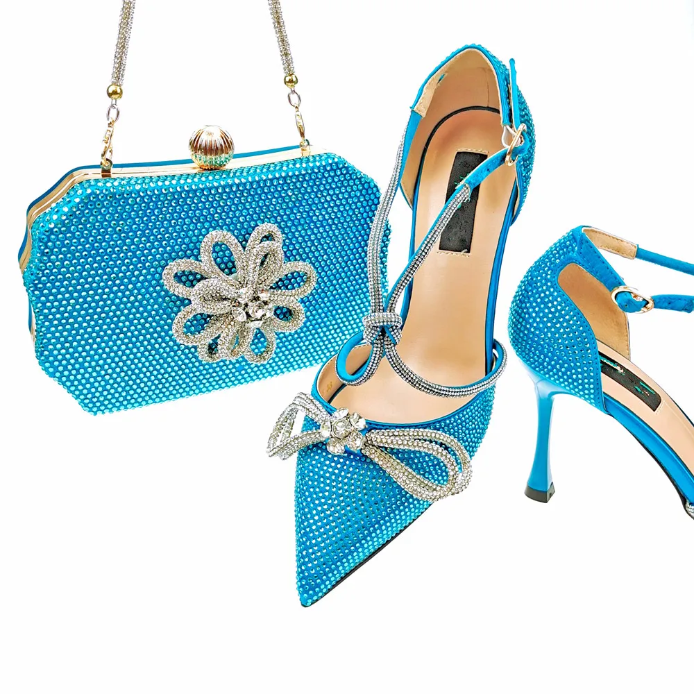 Hot Sale Sky Blue Women Pointed Toe Shoes Match Handbag With Crystal Decoration African Dress Pumps And Bag Set QSL055,Heel 9CM