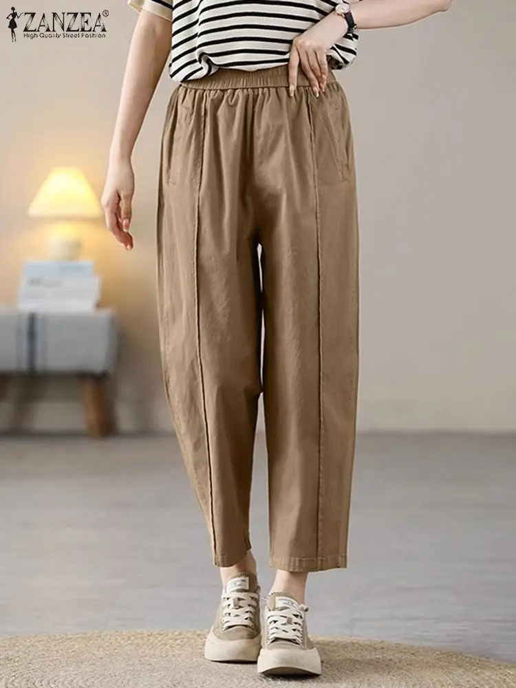 

ZANZEA 2024 Summer Elastic Waist Harem Pants Women Solid Color Straight Trousers Casual Work Pantalon Streetwear Fashion Palazzo