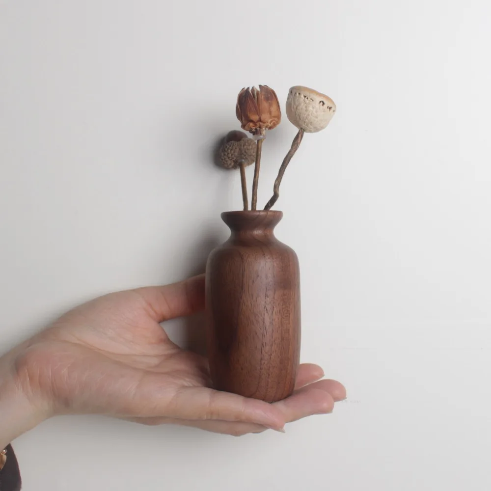 

Mini Style Black Walnut Flower Vase Handcrafted Solid Wood Vase Modern Wooden Ornament Home Decor Natural Wood Flower Holder