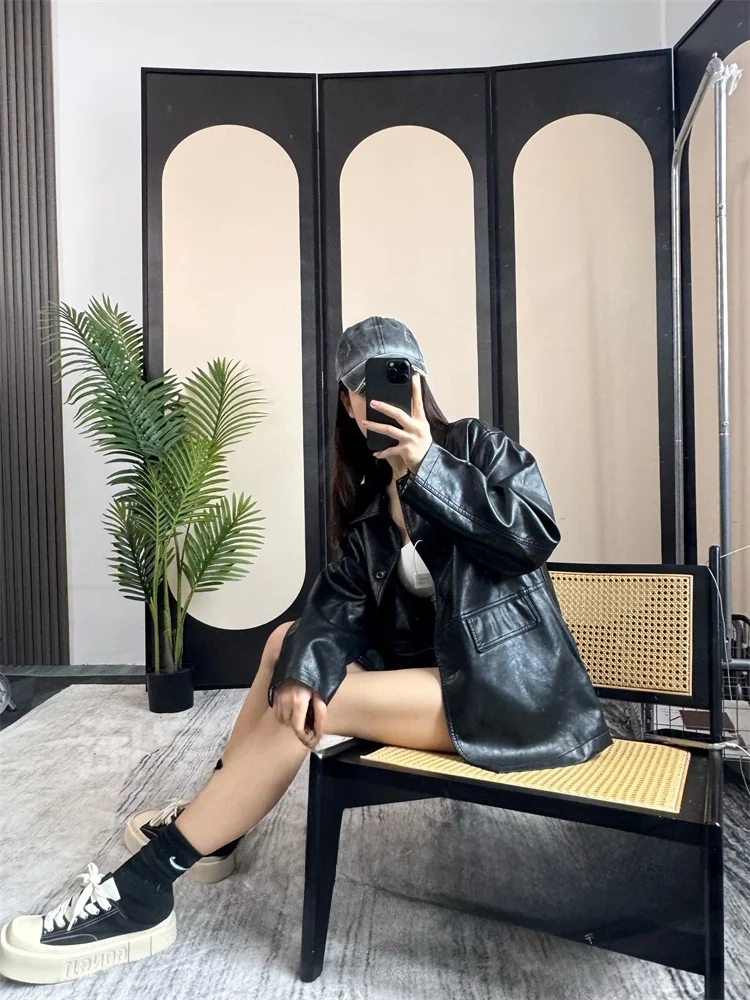 

Мужская свободная посадка в стиле ретро, ветрозащитная кожаная куртка с длинным воротником-стойкой, верхняя одежда из искусственной кожи для поездок на работу, осень 2025 г.