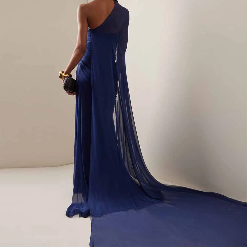 

Saudi Arabia Prom Dresses for Ladies Chiffon Sheath/Column Valentine's Day Dress Dark Royal Blue One-shoulder Draped Party Gown