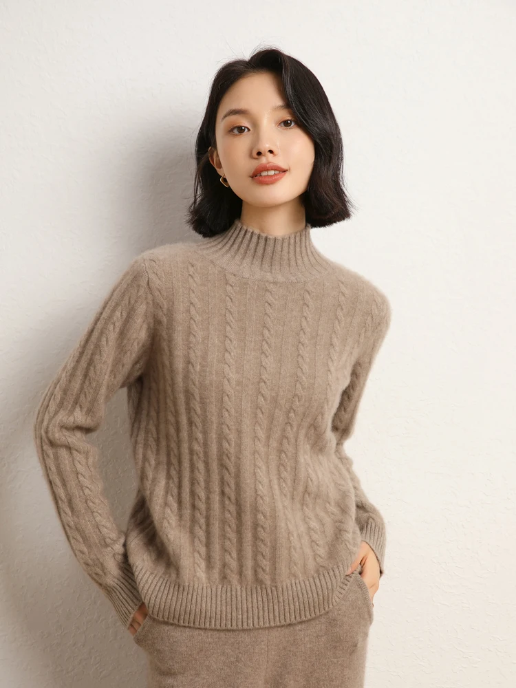 

TLOML Mock Neck Long Sleeve Women 100% Cashmere Sweater Cable Knitting Pullover Cashmere Knitwear Autumn Winter Thick Soft Tops