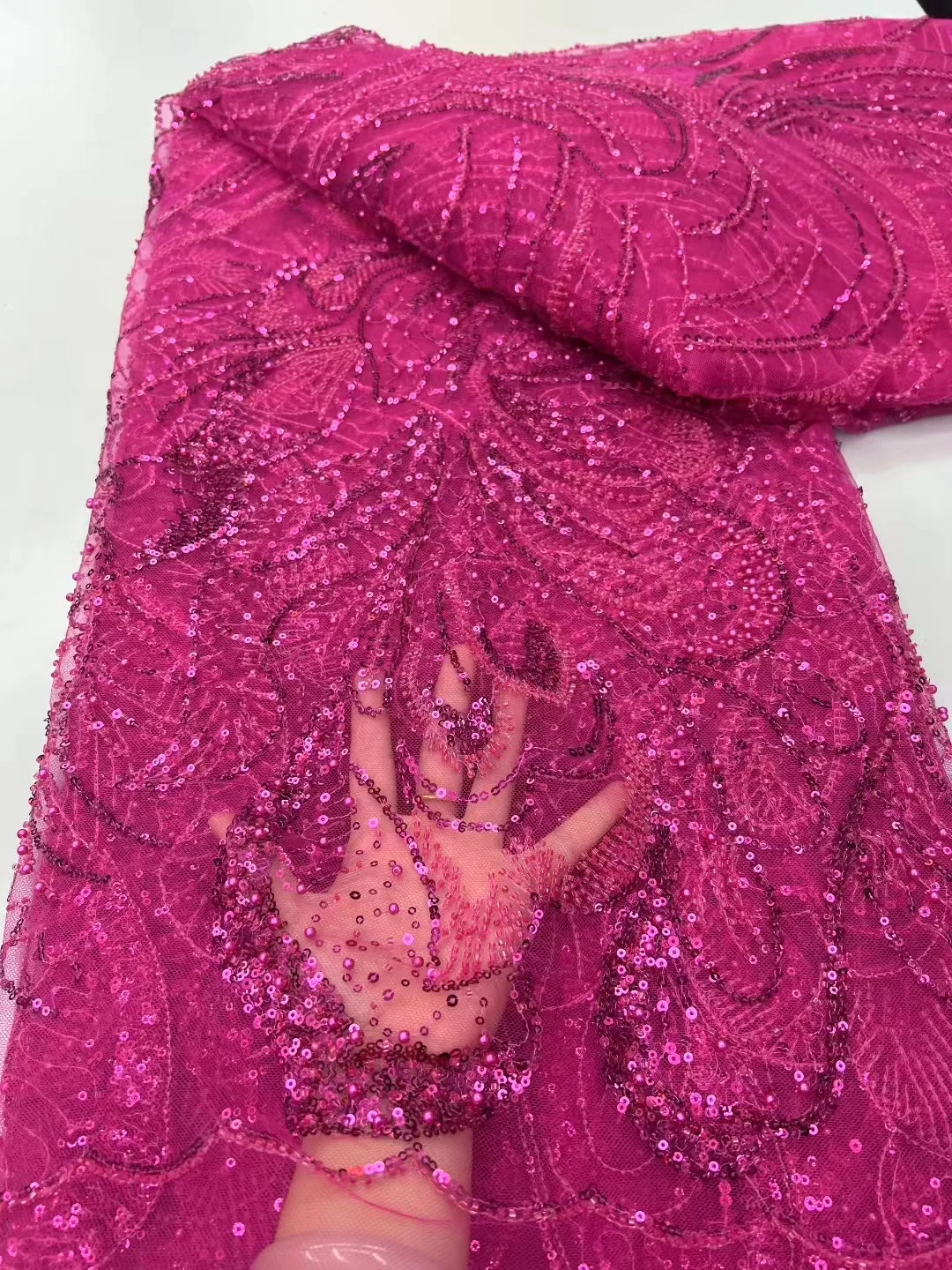 아프리카 레이스 원단 2025 와인 레드 고급 나이지리아 스팽글 수제 비즈 프랑스 튤 레이스 원단 파티 웨딩 드레스용