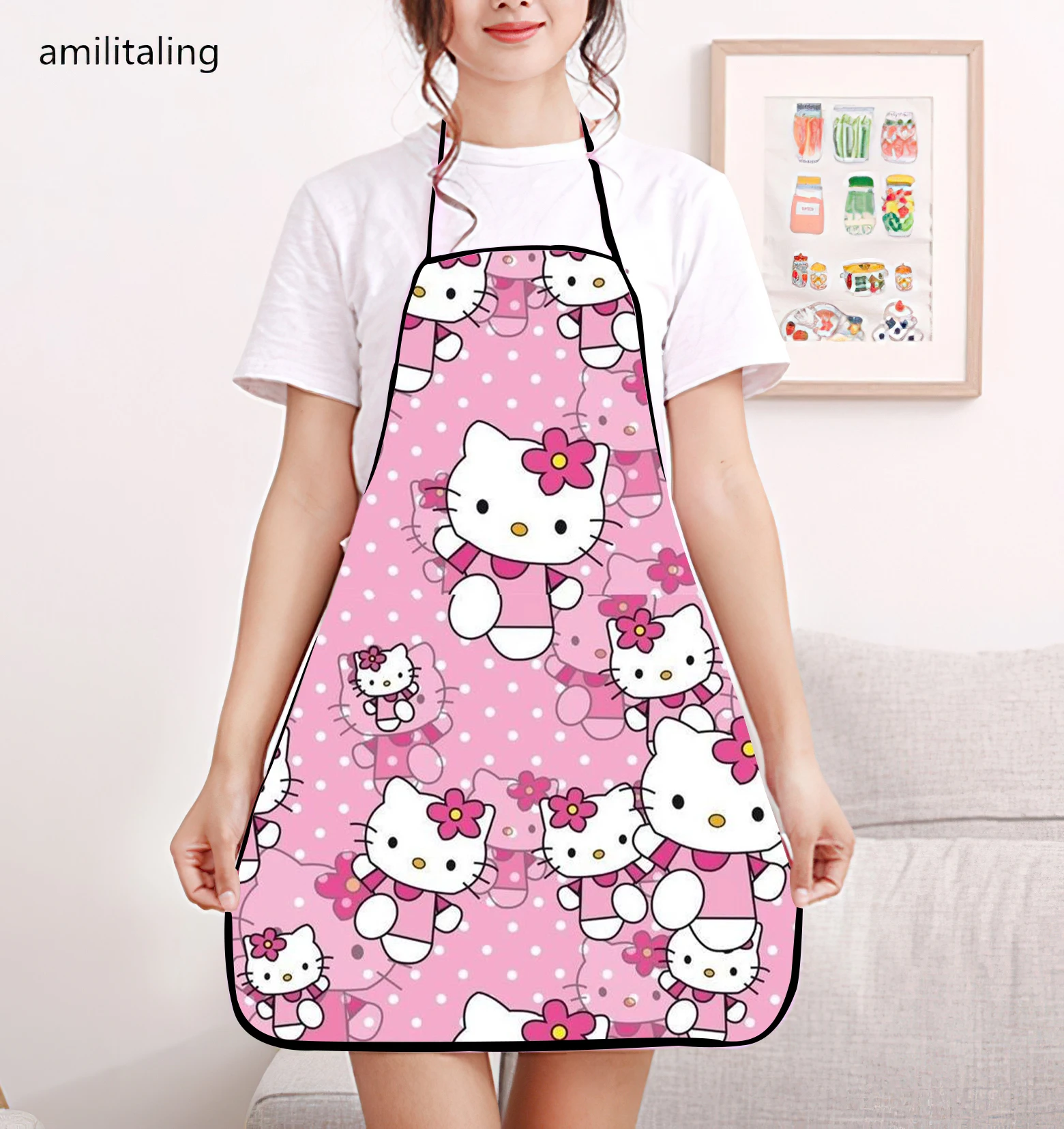 Hellokitty Cute Cartoon Print Bib Apron - Adjustable One Size Design, Waterproof and Durable Polyester Fabric, Suitable for Gard